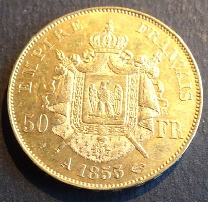 null Gold coin. Coin 50 francs GOLD, Napoleon III Emperor, 1855. signed BARRÉ on...