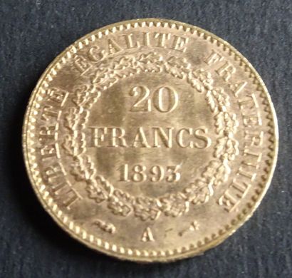 null Pièce OR. Pièce de 20 francs or, génie civil, 1893.
Poids : 6,49 g.