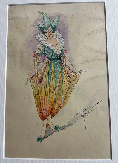 PERAS "Clown à la coiffe verte". Gouache signed. 25 x 34 cm.