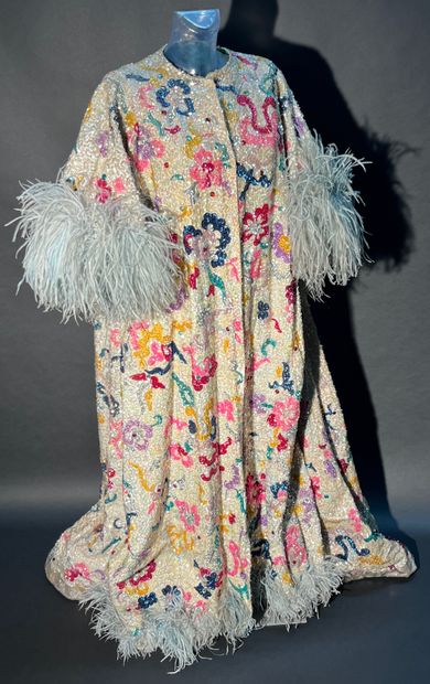 JACQUELINE MAILLAN Sumptuous coat entirely embroidered with multicolored sequins...