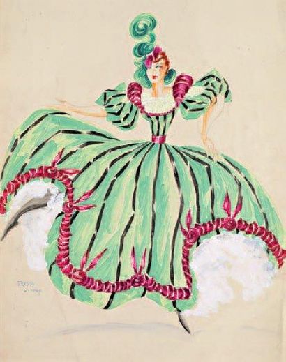 Freddy WITTOP Cancan, Moulin Rouge, robe verte, 50 x 70 cm, SBD
