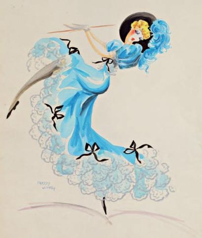 Freddy WITTOP Cancan, Moulin Rouge, robe bleue, 50 x 70 cm, SBD
