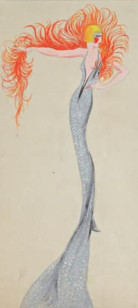 ZIG Meneuse de revue à la robe argentée et aux plumes orangées, 40 x 50 cm
