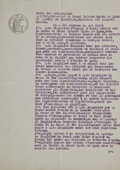 null CONTRAT AVEC SERGE DE DIAGHILEV, DIRECTEUR DES BALLETS RUSSES, 1919. Contrat...