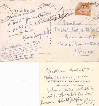 Gustave CHARPENTIER Carte postale avec portée musicale datée 1941, à Monsieur Michel-Georges...