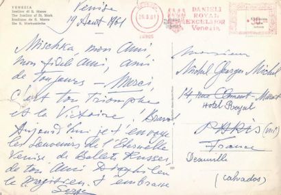 Serge LIFAR À MICHEL-GEORGES MICHEL Grande carte postale envoyée de Venise le 19...