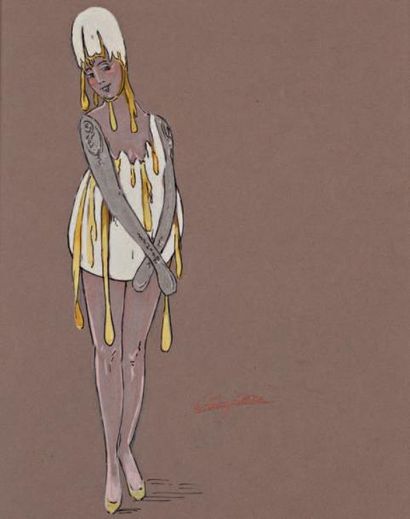 ZINOVIEW Ballerine au costume d'oeuf, gouache sur papier encadrée, 30 x 40 cm, S...