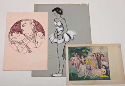null DIVERS BALLETS Lot comprenant un dessin de danseuse de ballet, une lithographie...