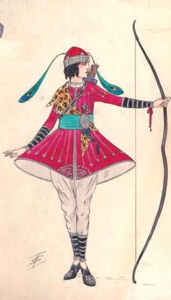 SOUKOULOFF Danseuse à l'arc, gouache sur papier, 20 x 28 cm, SBD
