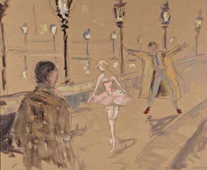 ANONYME Ballerine sur le Pont-Neuf, gouache et pastel sur papier, 65 x 28 cm, en...