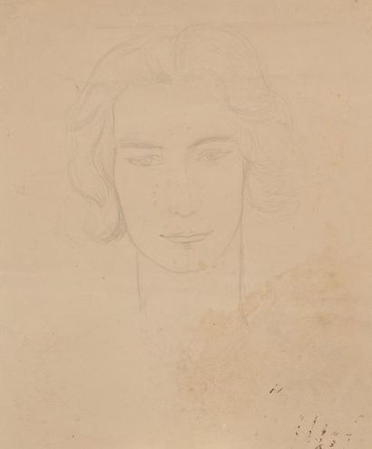VALENTINE HUGO Autoportrait, dessin à la mine de plomb, 34 x 44 cm, avec au dos un...