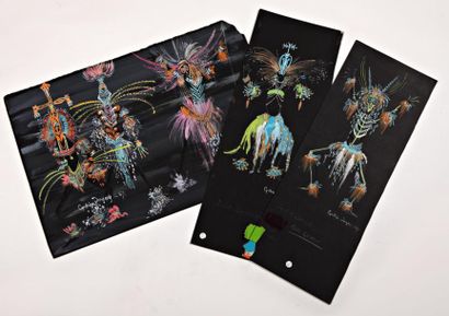 CYNTHIA TINGUEY Ballets primitifs, 3 gouaches sur papier, 20 x 55 cm et 55 x 37 cm,...