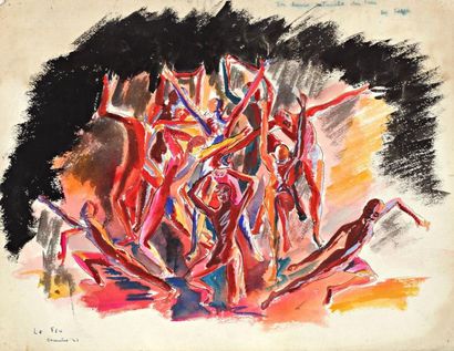 ANONYME La danse du feu, gouache, annotée et datée 1943, 30 x 36 cm
