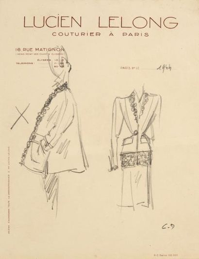 CHRISTIAN DIOR Dessin réalisé par Monsieur Christian Dior pour la Maison Lucien Lelong,...