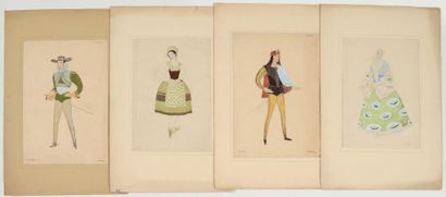 André Barsacq Ukraine 4 gouaches de costumes, signées et datées pour Le viol de Lucrèce,...