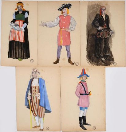 Granowsky, Gotkovski, Lubitsch Costumes de théâtre, 5 gouaches. 40x50cm, cachet StalagVII,...