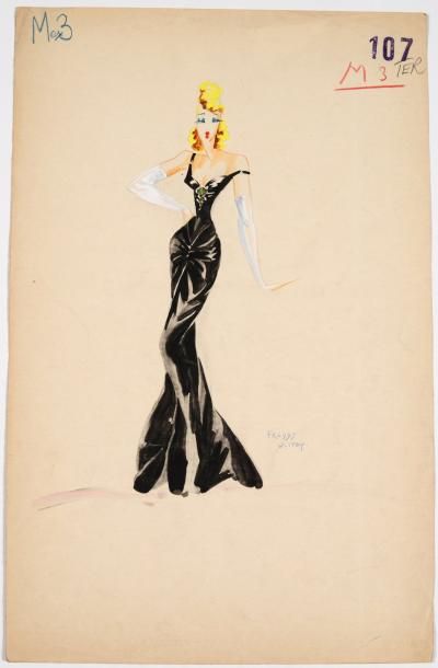 Freddy WITTOP Girl à la robe noire et gants blancs, vers 1930. 32x46cm. Gouache ...