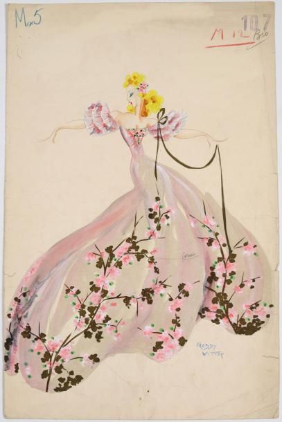 Freddy WITTOP Girl à la robe de bal, fleurs roses, vers 1930. 32x46cm. Gouache s...