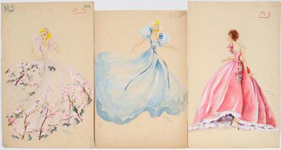 Freddy WITTOP Ensemble de 3 gouaches, robes de bal, vers 1930. 32x46cm, signées