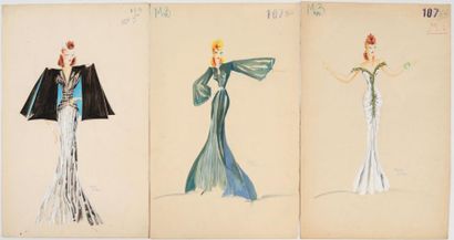 Freddy WITTOP Ensemble de 3 gouaches, robes de soirée, vers 1930. 32x46cm, signé...