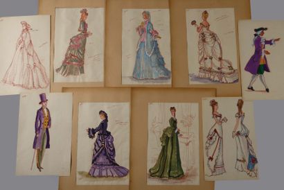 null 18 PROJETS DE COSTUMES POUR LA PIANISTE Gouache et sanguine. Différents for...