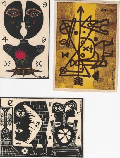null SURRÉALISME: HEERBRANT. 3 cartes de vœux 1949, 1950, 1952 . Gouachées ou aux...