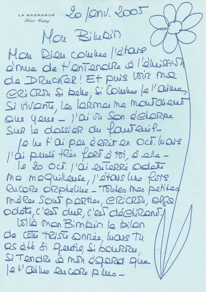 BRIGITTE BARDOT 
Magnifique lettre avec dessin adressée à Roger Hanin à l'entête...