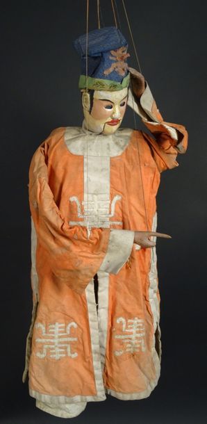 null MARIONNETTE A FILS, Chine du sud. homme à la tunique orange. XIXème. 70 cm.