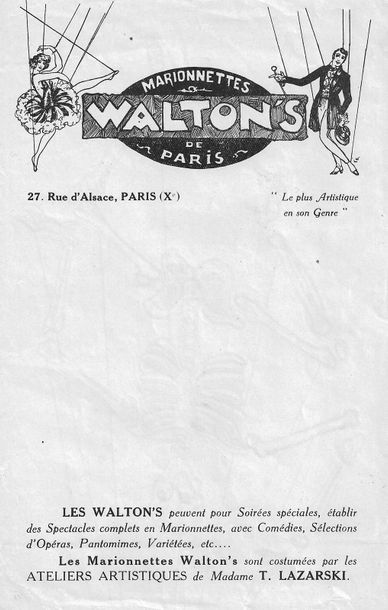 null WALTON’S. Très rare dessin par L.Walton’s de la célèbre marionnette du squelette....