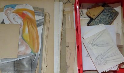 null Fort lot de dessins, pastels et aquarelles. Nombreux carnets d’artistes provenant...