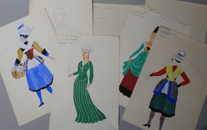 null DAYDE Bernard. Ensemble de 21 projets de costumes pour  Rêve de valse ,  Carmen ...