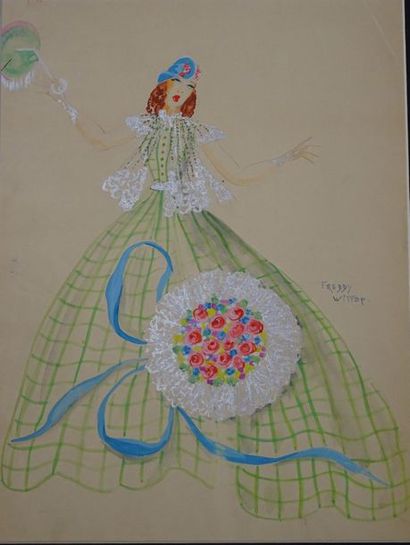 null WITTOP Freddy. Danseuse à la robe verte et au chapeau à fleurs. Gouache et crayon....