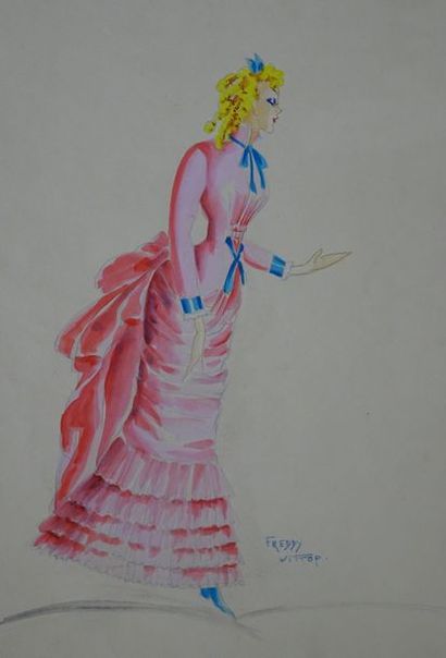null WITTOP Freddy. Elégante à la robe rose. Gouache et crayon. 40 x 50 cm