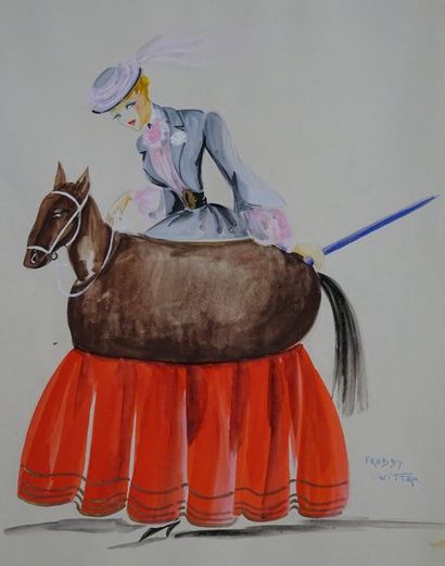 null WITTOP Freddy. Danseuse à la robe cheval. Gouache et crayon. 40 x 50 cm.