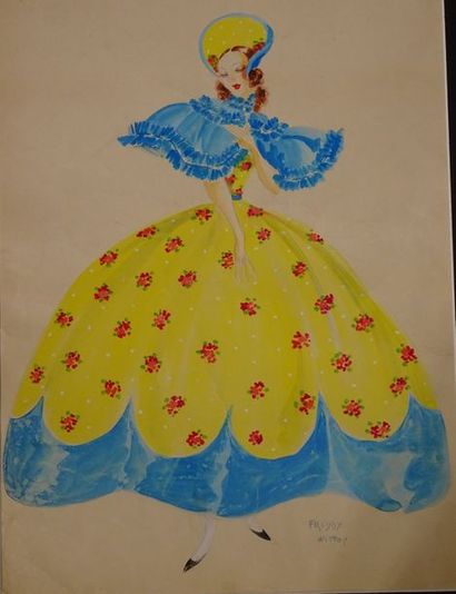 null WITTOP Freddy. Elégante à la robe jaune à fleurs. Gouache et crayon. 40 x 50...