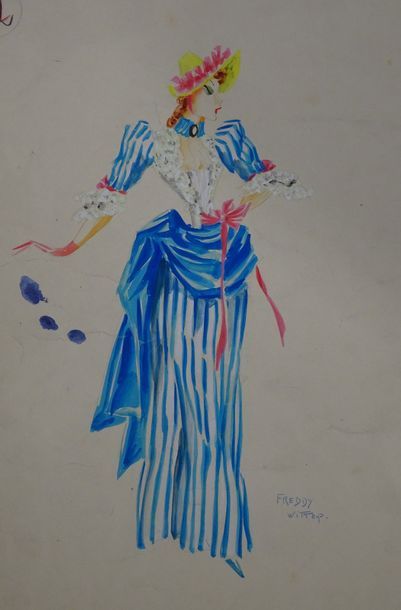 null WITTOP Freddy. Danseuse de Montmartre à la robe rayée bleu. Gouache et crayon....