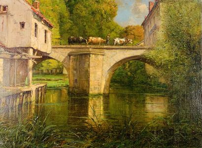  Karl CARTIER (1855-1925). Moret-sur-Loing: Cows crossing a bridge. Oil on canvas... Gazette Drouot