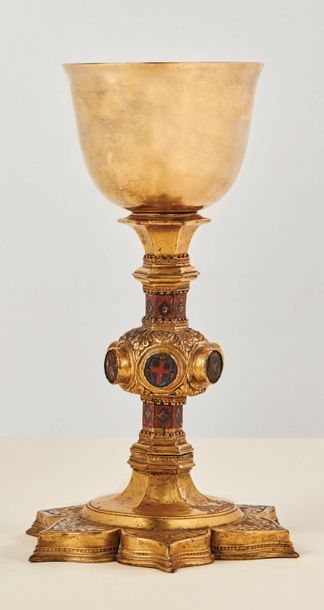 null Monstrance foot transformed into a gilded copper chalice, carved and enamelled....