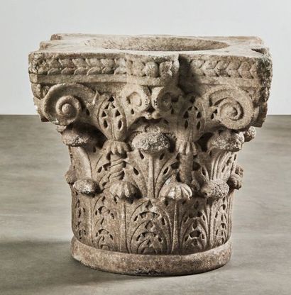 null Important marble capital carved all sides with acanthus leaf decoration on three...