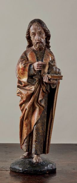 null Saint Jean-Baptiste en bois (tilleul ?) sculpté en ronde-bosse, polychromé et...