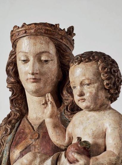 null Great Virgin and Child in carved, polychrome and gilded wood, dug back. Standing...