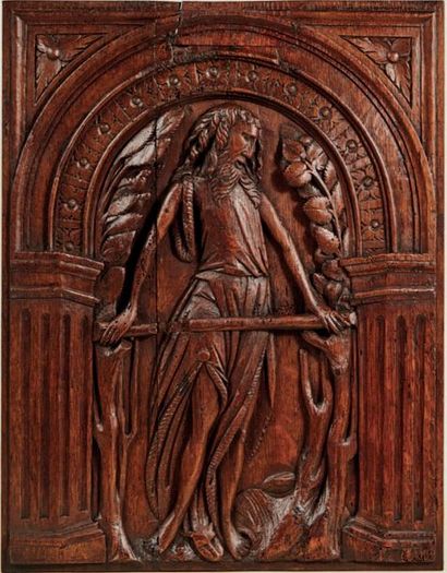 null Suite de trois panneaux de coffre en chêne sculpté en bas-relief représentant...