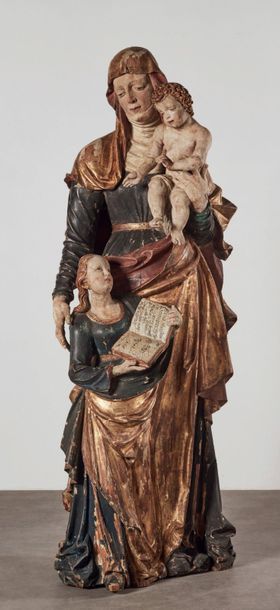 null Importante sainte Anne Enseignante en tilleul et résineux sculpté, doré et polychromé,...