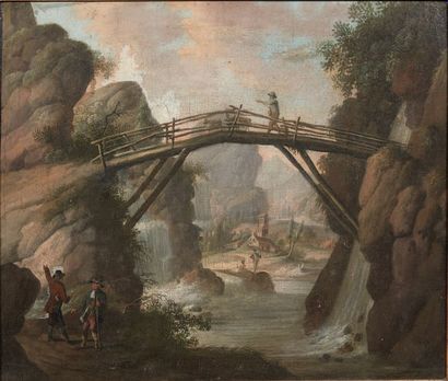 École flamande de la première moitié du XVIIe siècle Paysage avec un pont animé de...