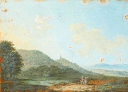 École FRANÇAISE de la fin du XVIIIe siècle Animated
landscape Two gouaches forming...