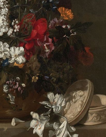 JEAN MICHEL PICART (ANVERS VERS 1600-PARIS 1682) 
Bouquet de fleurs sur un entablement
Toile.
H_88...