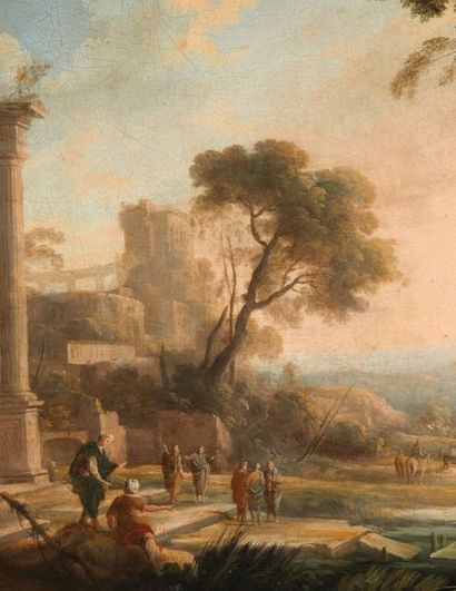 Pierre-Antoine PATEL (1648-1707) Paysage classique, avec ruines antiques animées...