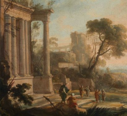 Pierre-Antoine PATEL (1648-1707) Paysage classique, avec ruines antiques animées...