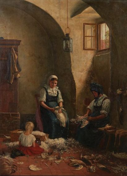 École FLAMANDE du XIXe siècle Young women plucking birds Oil on canvas.
Signed at...