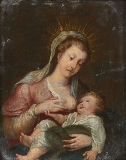 École Française du XVIIe siècle La Vierge allaitant Huile sur cuivre. H_15,2 cm L_12...